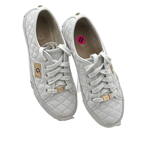 G by Guess White Y2K Quilted Sneakers Womens Size 8 Gold Logo Detail Los Angeles - Picture 1 of 6